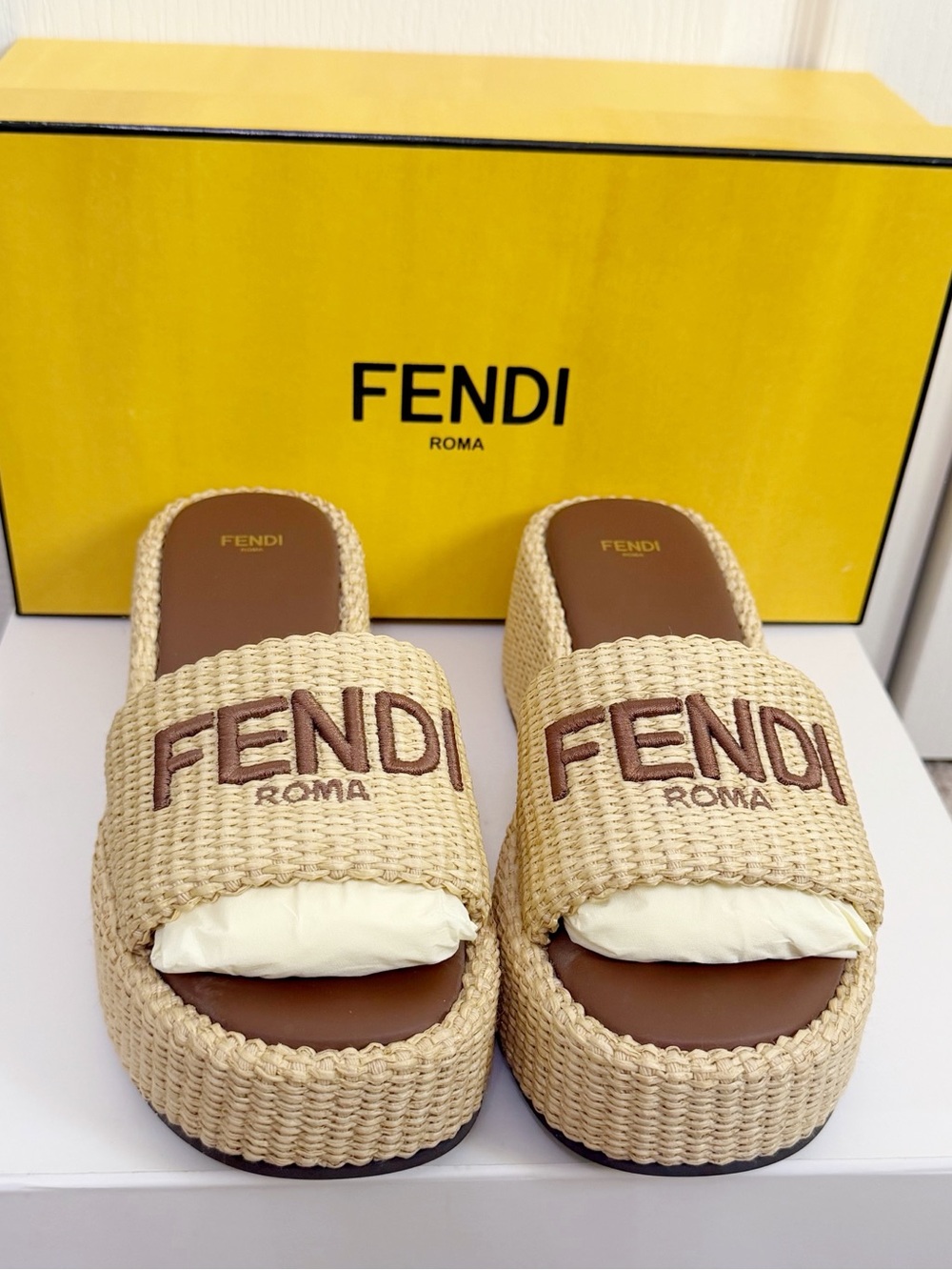 FENDI Sunshine Raffia Embroidered Platform Slides